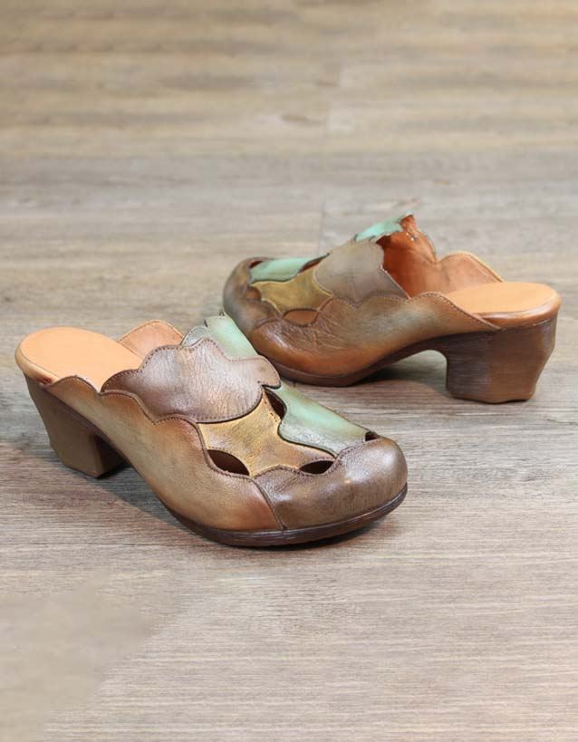 Lädersömmar Tågfärgade Vintage Chunky Heels Tofflor