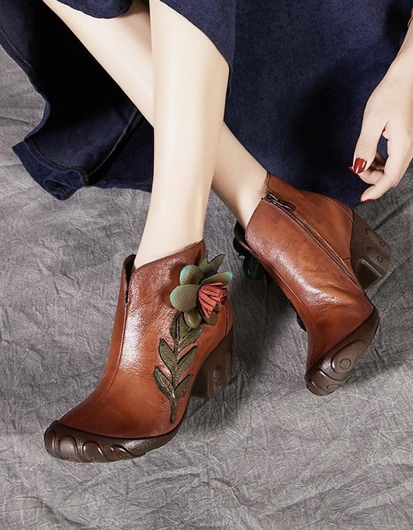 Handgjorda Retro Elegant Flower Chunky Boots