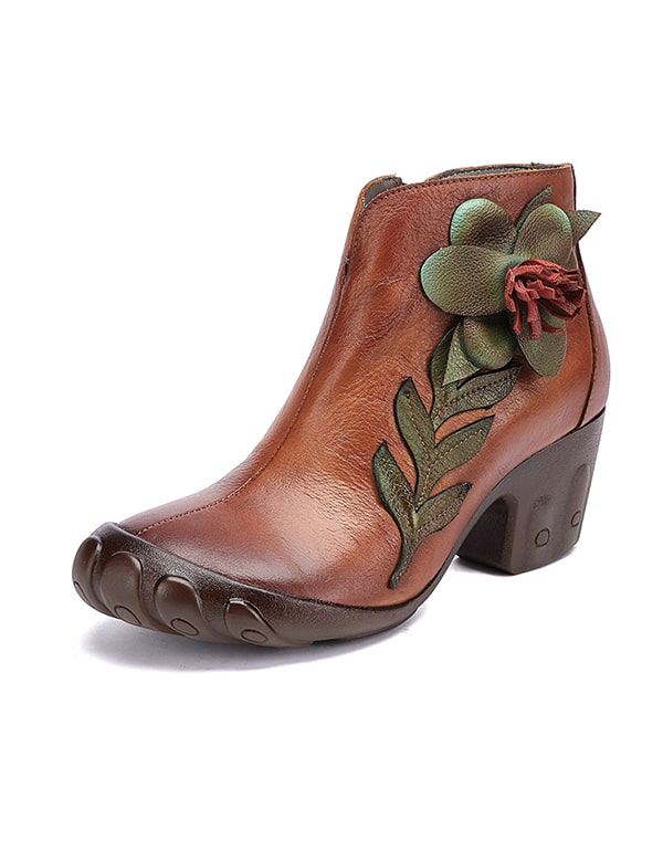 Handgjorda Retro Elegant Flower Chunky Boots