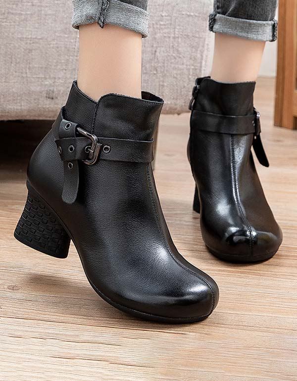 Handgjorda Retro Läder Ankelrem Chunky Boots