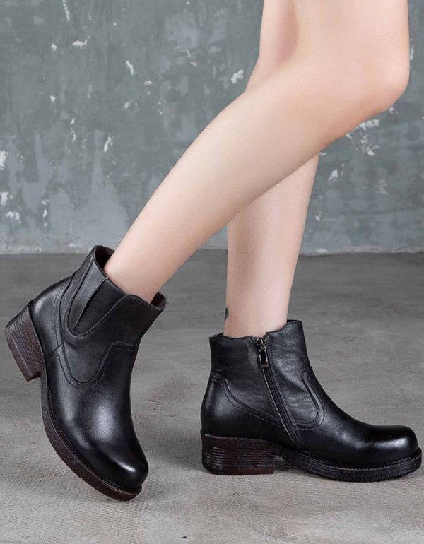 Handgjorda Retro Läder Chunky Heel Boots