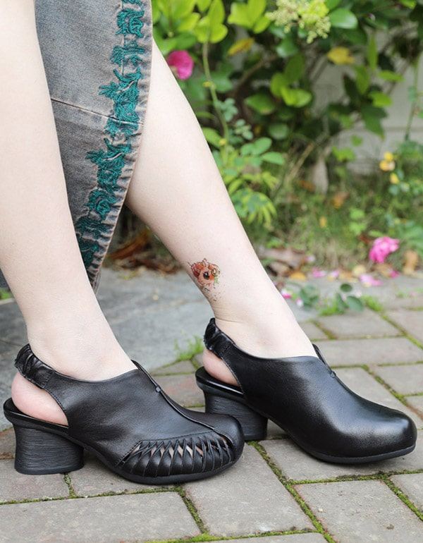 Handgjorda Retro Läder Chunky Heels