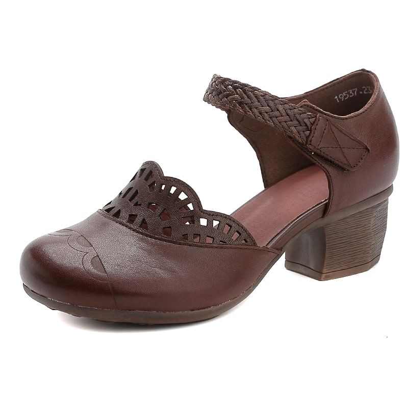 Handgjorda Retro Läder Chunky Heels