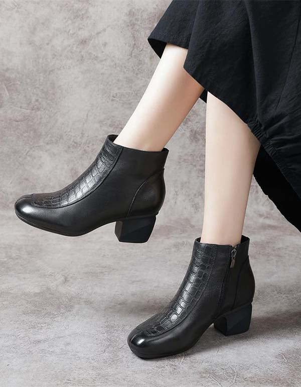 Handgjorda Retro Läder Polerade Chunky Heel Boots