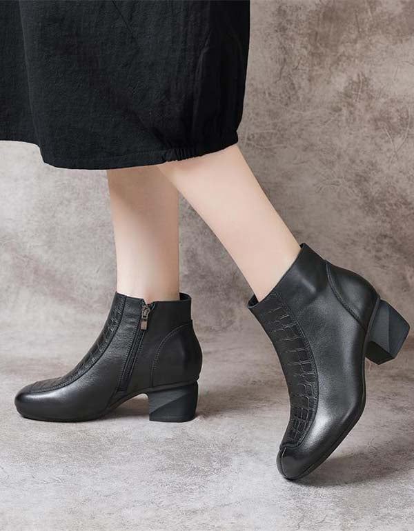 Handgjorda Retro Läder Polerade Chunky Heel Boots