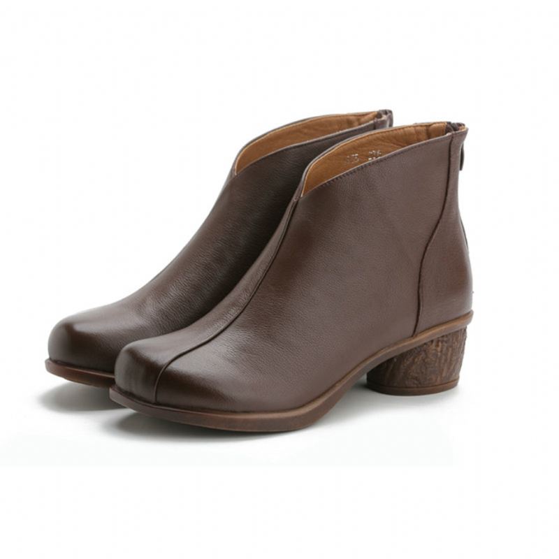 Handgjorda Retro Läder V-ringad Chunky Heel Boots