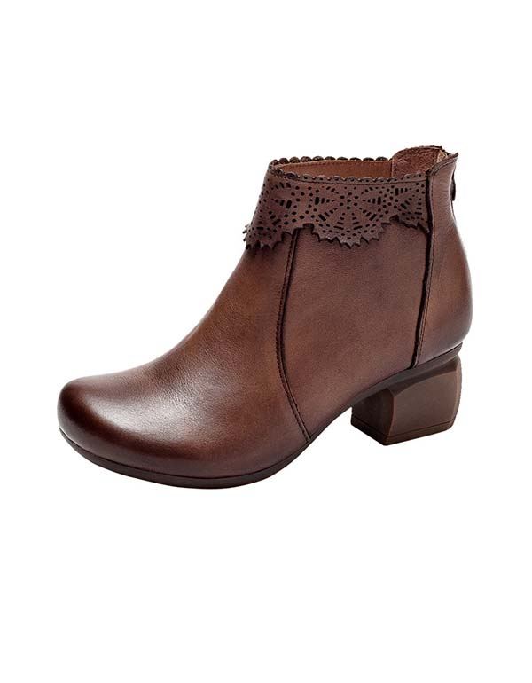 Handgjorda Snidade Retro Läder Chunky Boots