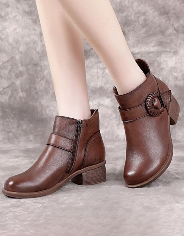 Handgjorda Spänne Chunky Heel Retro Short Boots