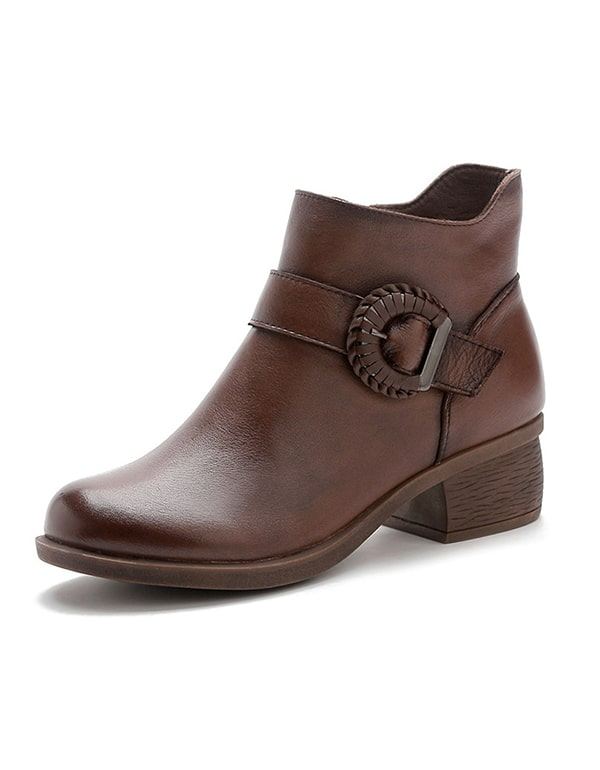 Handgjorda Spänne Chunky Heel Retro Short Boots