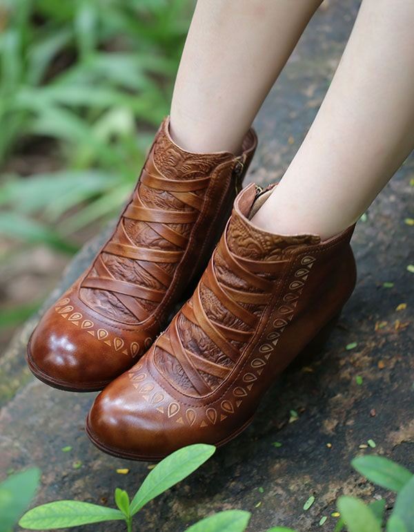 Handgjorda Vintage Läder Chunky Heels Ankel Boots