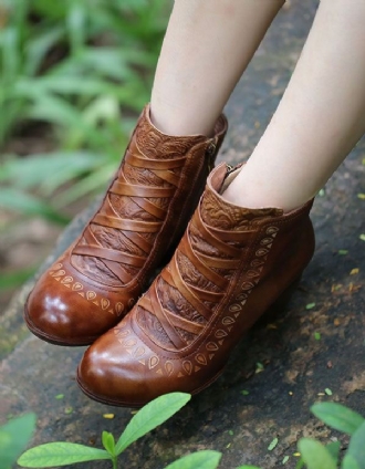 Handgjorda Vintage Läder Chunky Heels Ankel Boots