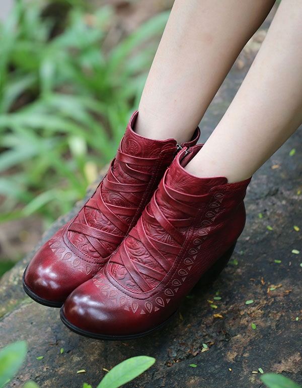 Handgjorda Vintage Läder Chunky Heels Ankel Boots