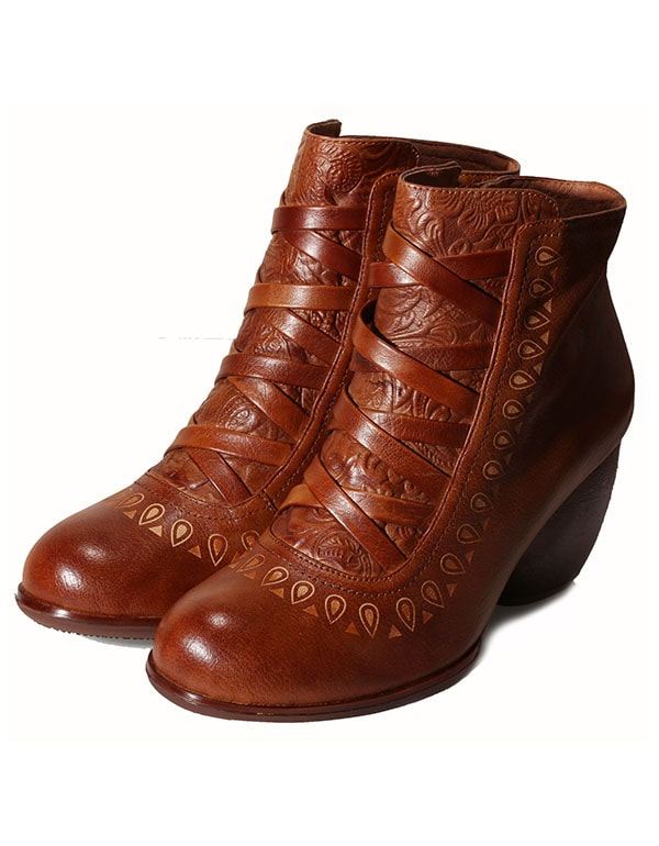 Handgjorda Vintage Läder Chunky Heels Ankel Boots