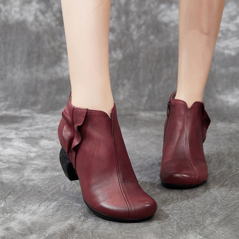 Retro Läder Handgjorda Chunky Booties För Kvinnor