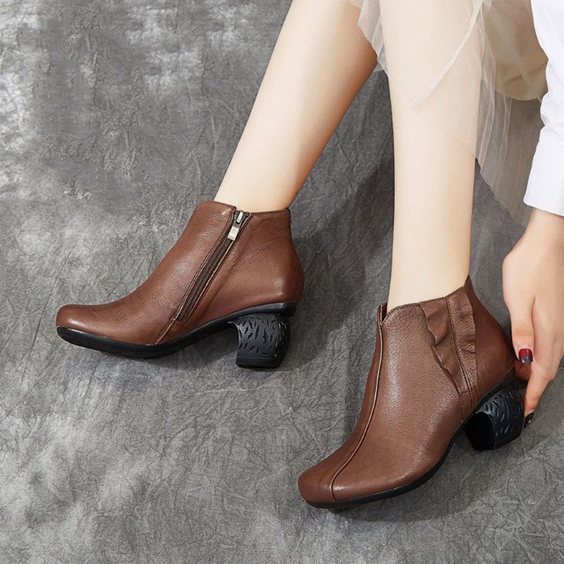 Retro Läder Handgjorda Chunky Booties För Kvinnor