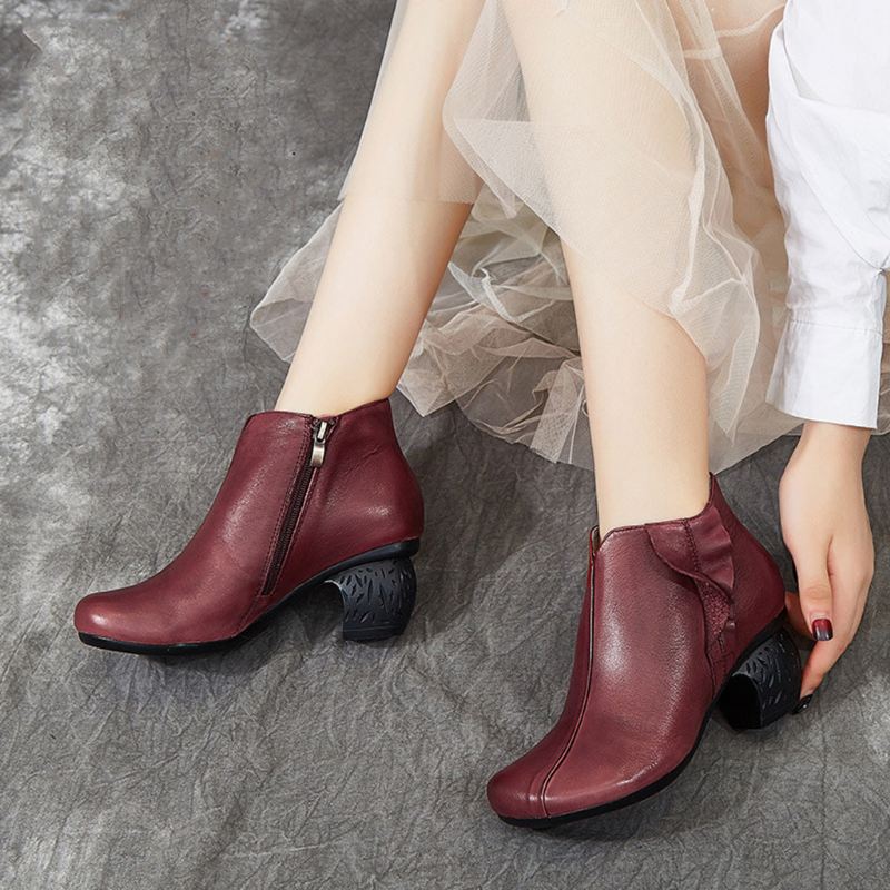 Retro Läder Handgjorda Chunky Booties För Kvinnor