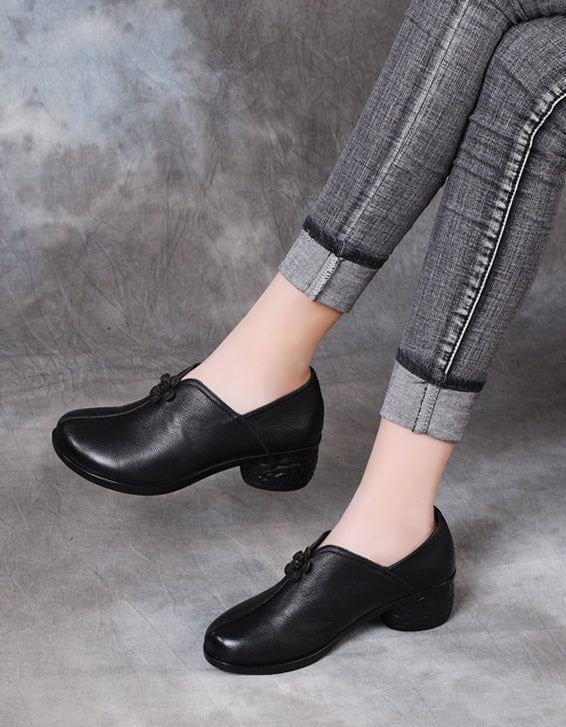 Retro Läderskor Halkfria Chunky Heels