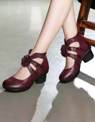 Retro Leather Flower Summer Chunky Heels