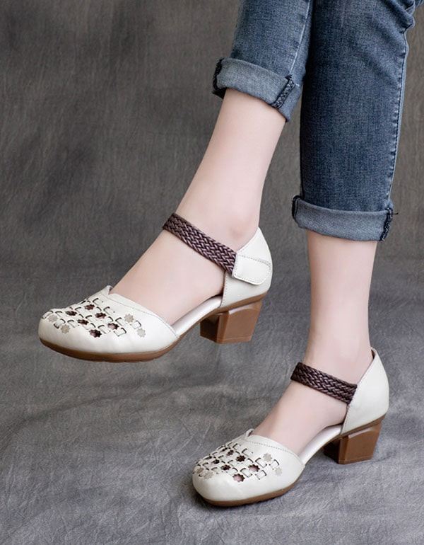 Spring Retro Läder Handgjorda Vävda Chunky Heels Skor