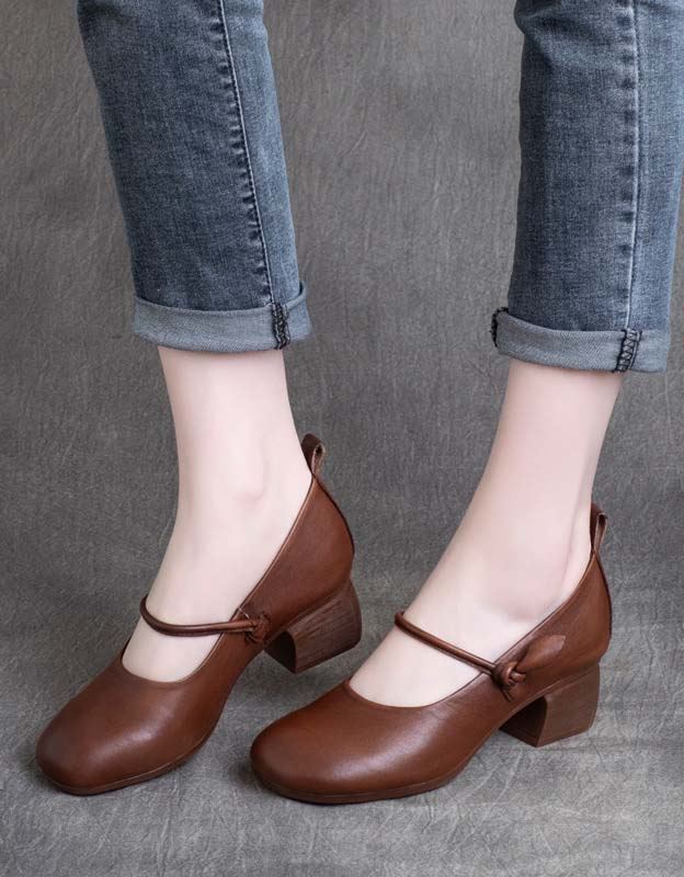 Spring Retro Läder Runda Head Chunky Shoes