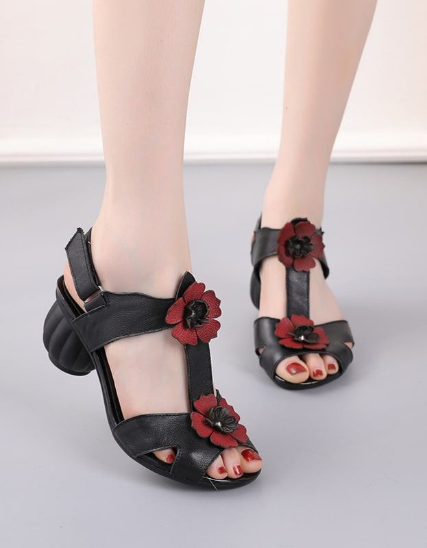 Summer Retro Leather Flower Chunky Heels