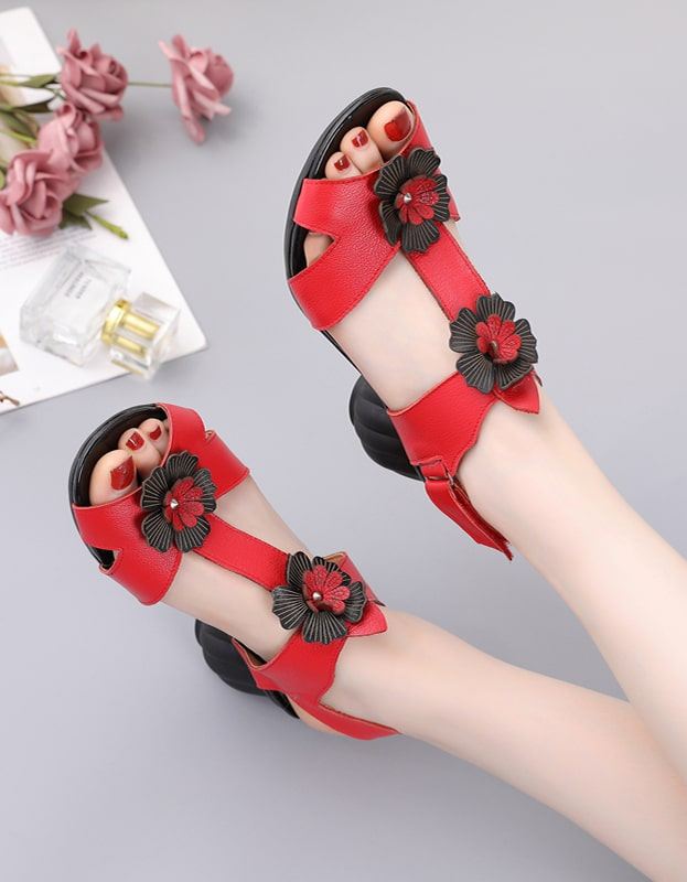 Summer Retro Leather Flower Chunky Heels