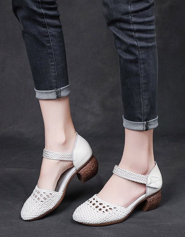 Summer Woven Ankel Strap Retro Chunky Shoes