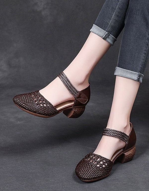 Summer Woven Ankel Strap Retro Chunky Shoes