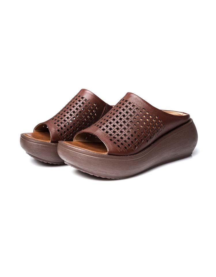 Handgjorda Läder Hollow Summer Wedge Tofflor