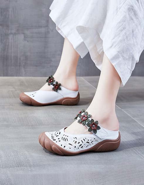 Handgjorda Retro Leather Summer Wide Feet Tofflor