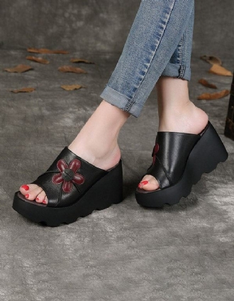 Handgjorda Retro Summer Black Wedge Tofflor