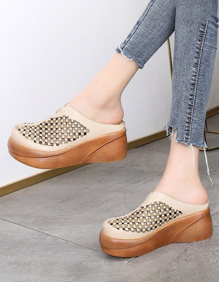 Retro Leather Sommar Platform Tofflor