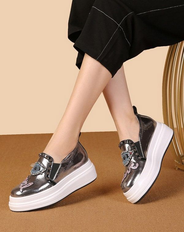 Rhinestone Silver Tjockklack Casual Shoes