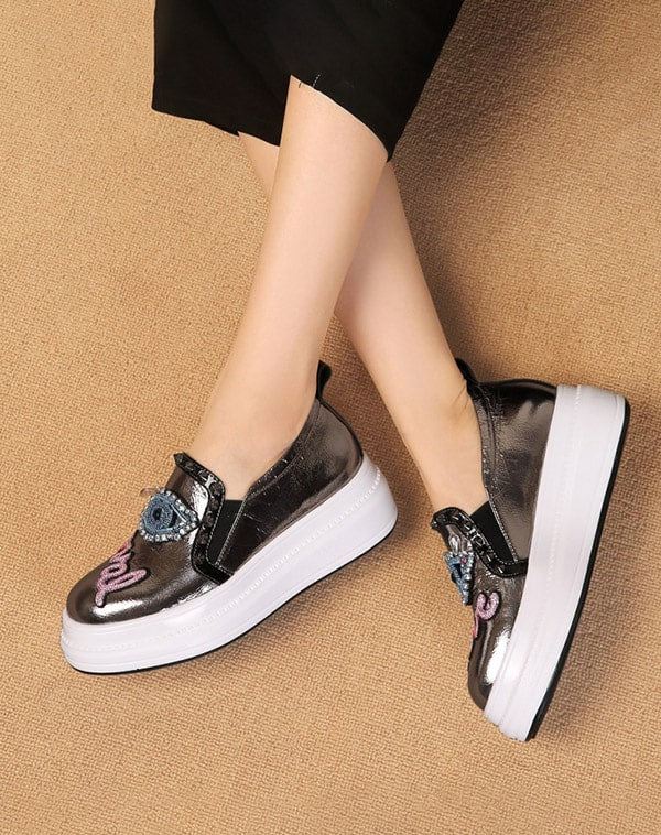 Rhinestone Silver Tjockklack Casual Shoes