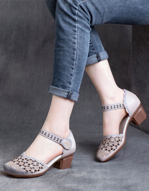 Handgjorda Hollow Retro Chunky Heels Sandaler