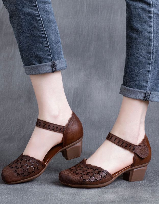 Handgjorda Hollow Retro Chunky Heels Sandaler