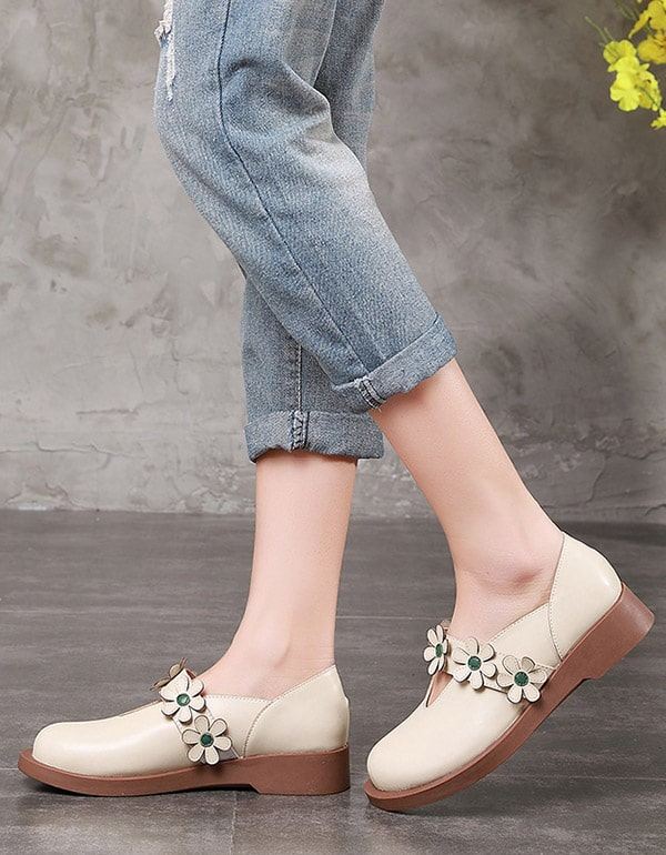 Handgjorda Retro Flat Round Head Spring Shoes