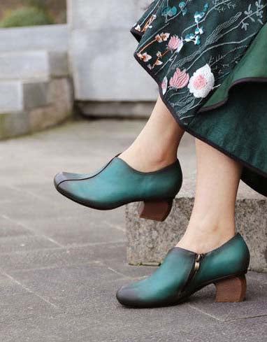 Spring Peacock Blue Vintage Chunky Heels