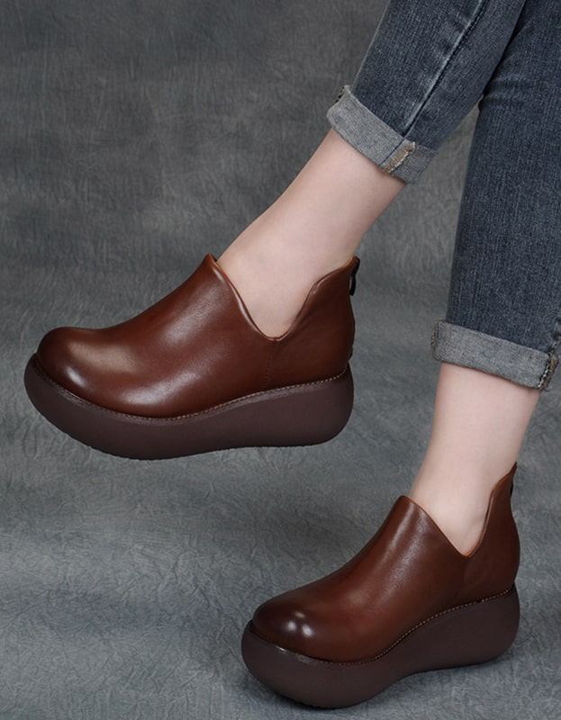 Spring Retro Läder Round Head Wedge Shoes