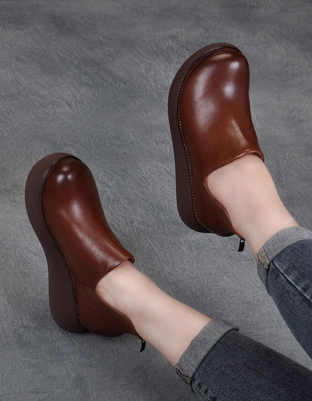 Spring Retro Läder Round Head Wedge Shoes