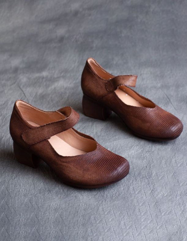 Vintage Läder Bekväma Chunky Heels Pumps