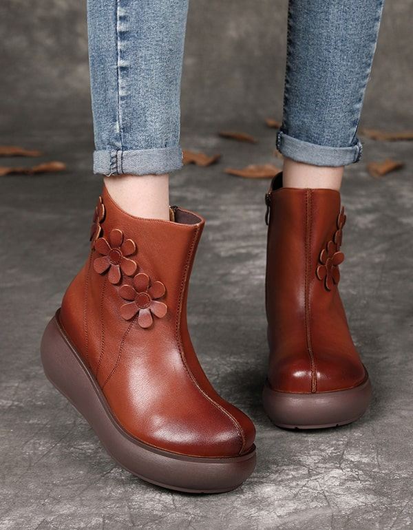 Flower Retro Leather Wedge Ankel Boots