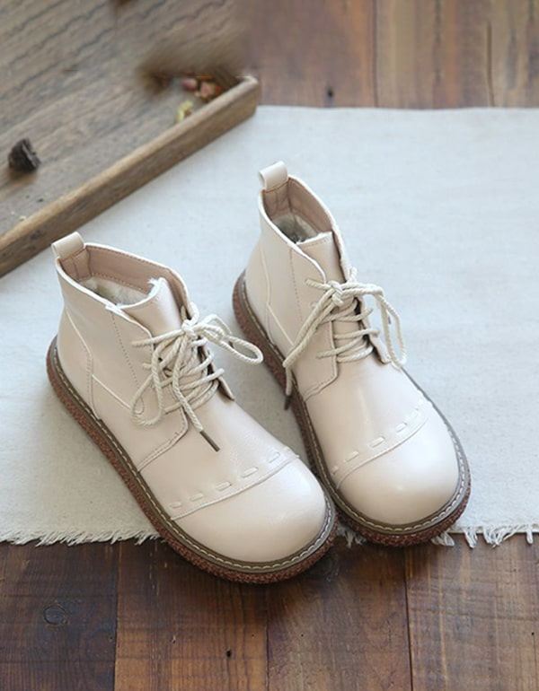 Round Head Smooth Leather Retro Platform Boots