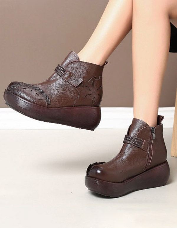 Vår Höst Retro Läder Wedges Ankelboots