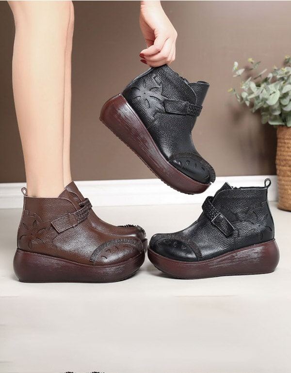 Vår Höst Retro Läder Wedges Ankelboots