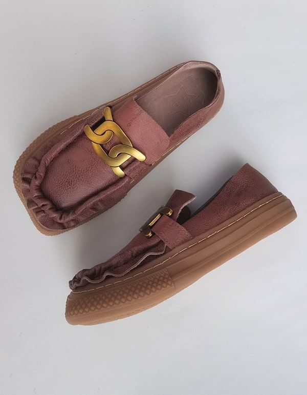 Metallkedja Mjukt Läder Retro Bekväma Loafers