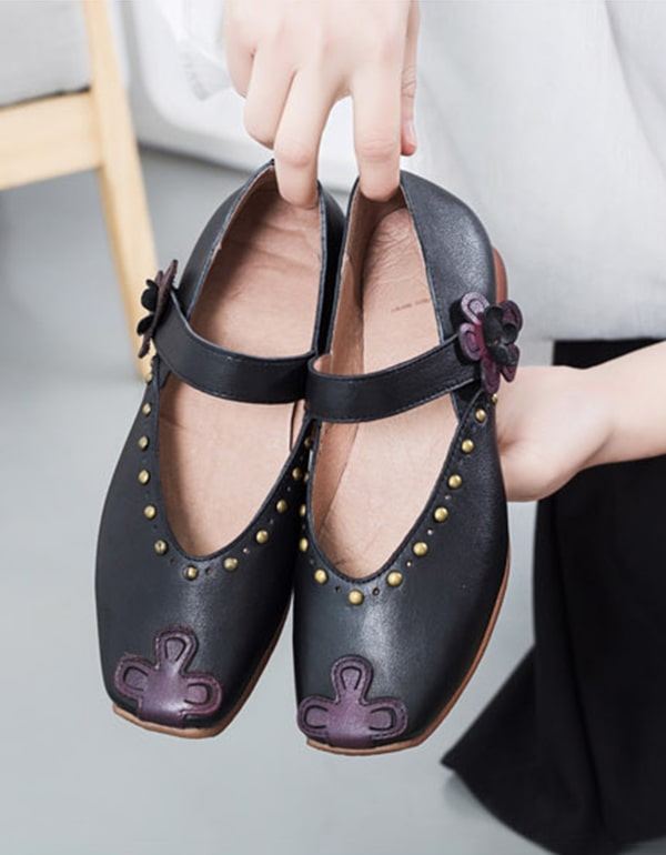 Dubbade Vintage Läder Square Head Flat Shoes