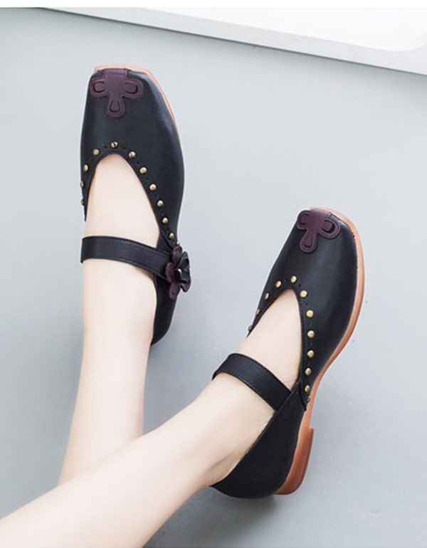 Dubbade Vintage Läder Square Head Flat Shoes