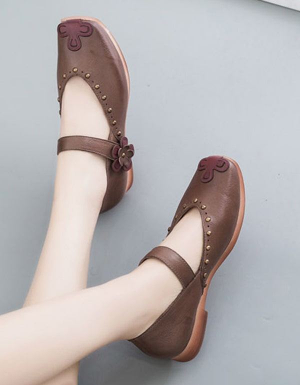 Dubbade Vintage Läder Square Head Flat Shoes