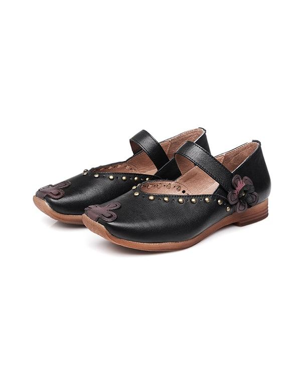 Dubbade Vintage Läder Square Head Flat Shoes